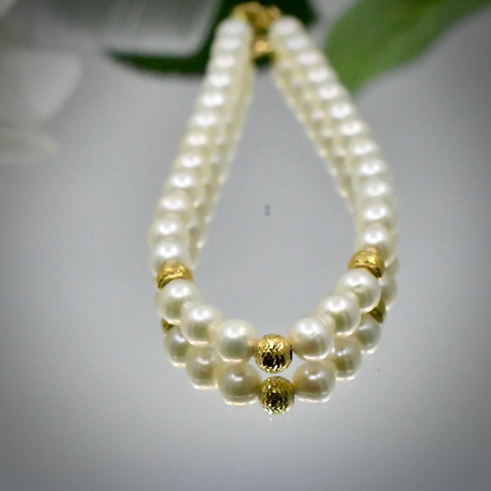 Vint. 18K Yellow Gold Cultured Pearl Bracelet 7.25" Diamond Cut Beads 9.24g 750